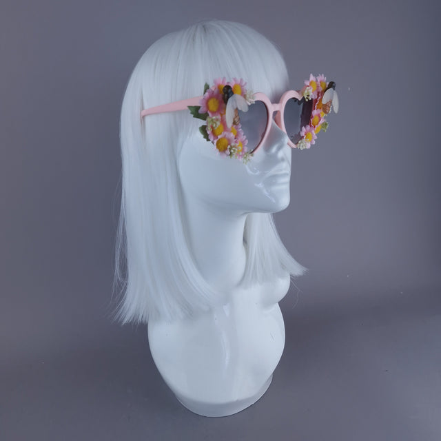 "Twiggy" Pink Flower & Bees Heart Shaped Sunglasses