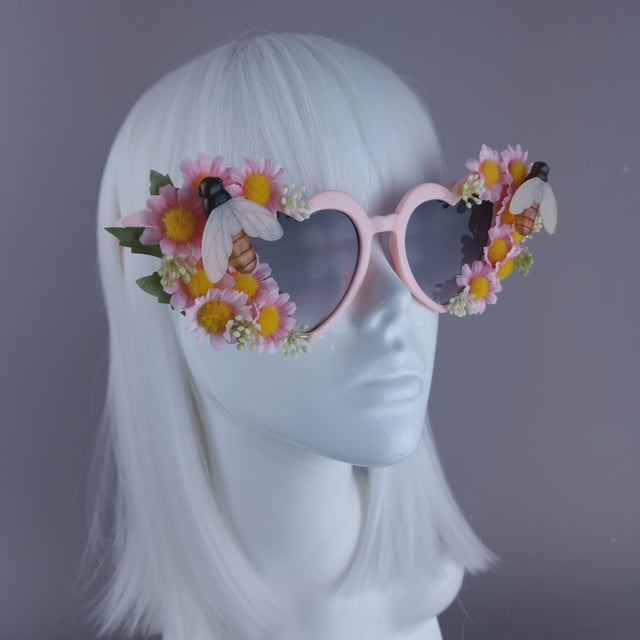 "Twiggy" Pink Flower & Bees Heart Shaped Sunglasses
