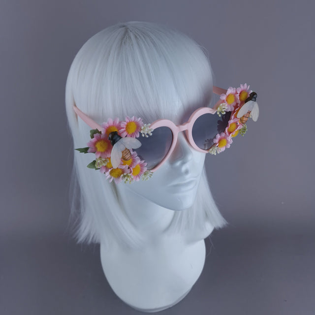 "Twiggy" Pink Flower & Bees Heart Shaped Sunglasses