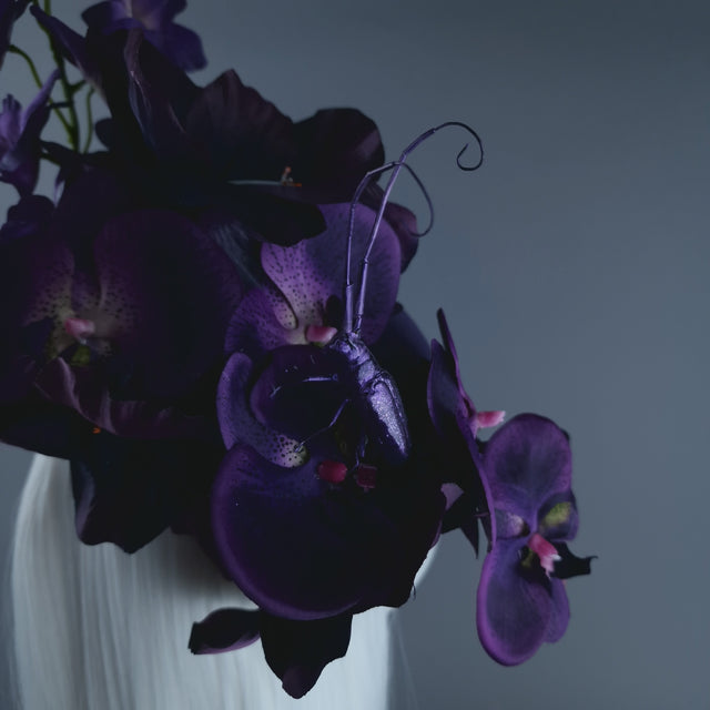 "Bibi" Purple Orchid & Beetle Fascinator Hat