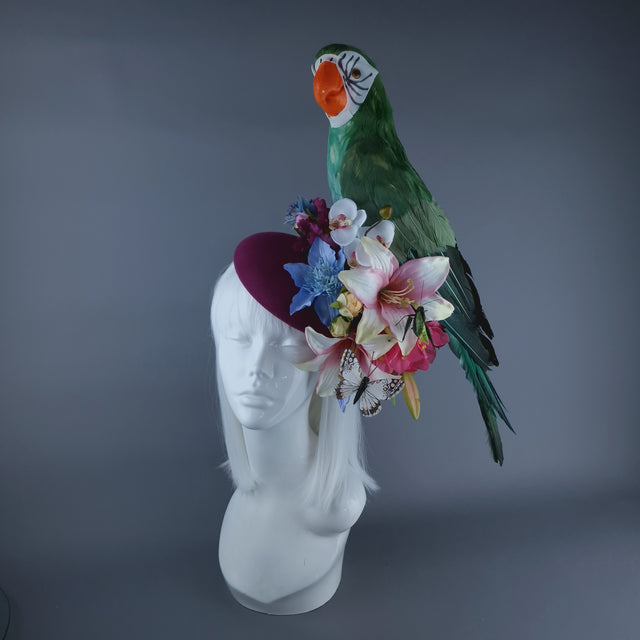 "Soliel" Colourful Parrot & Tropical Flower Fascinator Hat