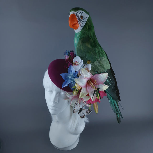 "Soliel" Colourful Parrot & Tropical Flower Fascinator Hat