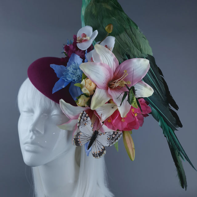 "Soliel" Colourful Parrot & Tropical Flower Fascinator Hat