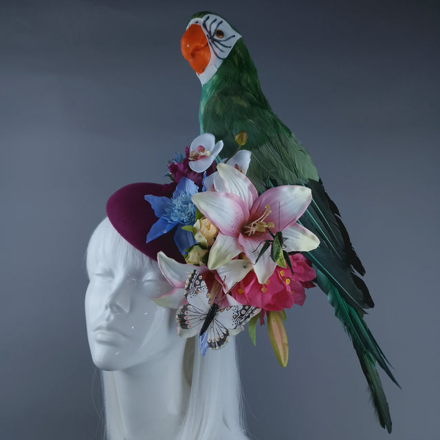 "Soliel" Colourful Parrot & Tropical Flower Fascinator Hat