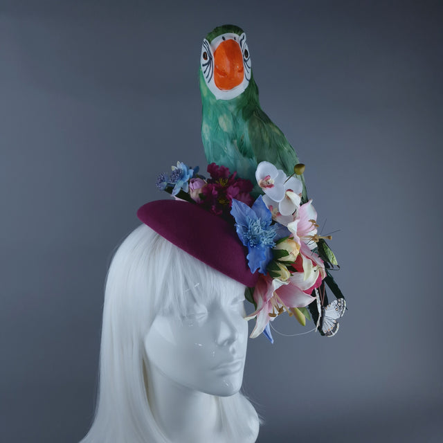 "Soliel" Colourful Parrot & Tropical Flower Fascinator Hat