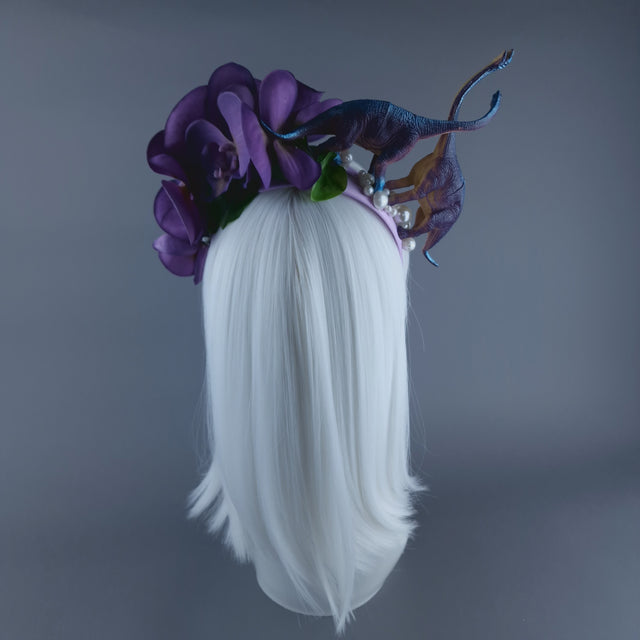 "Dino Love" Dinosaur, Pearls & Purple Orchid Headdress