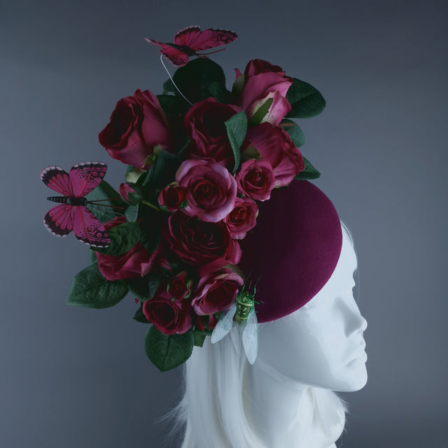 "Lyra" Pink Rose, Butterfly & Insect Flower Fascinator Hat
