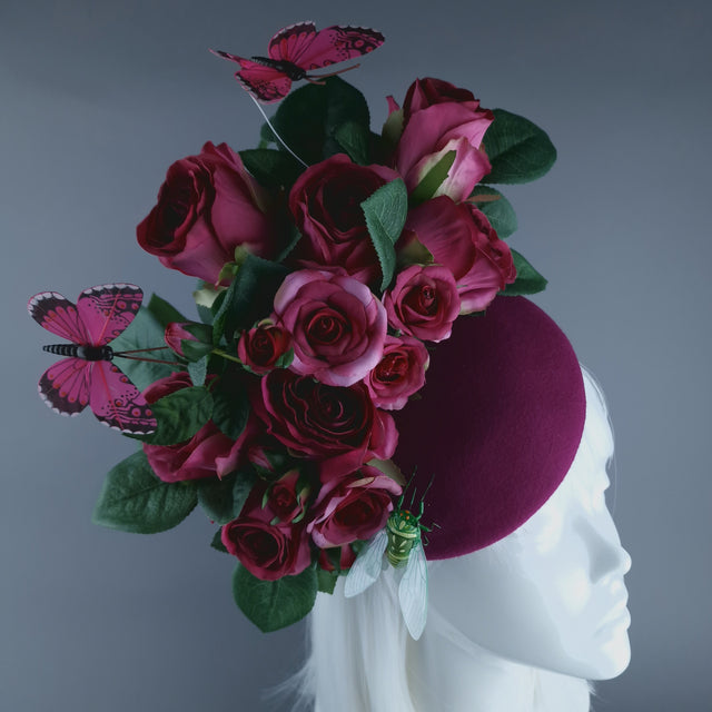 "Lyra" Pink Rose, Butterfly & Insect Flower Fascinator Hat