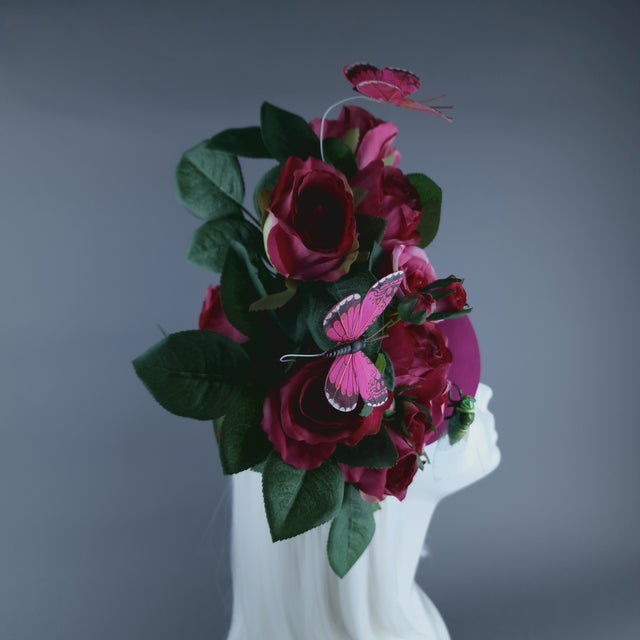 "Lyra" Pink Rose, Butterfly & Insect Flower Fascinator Hat