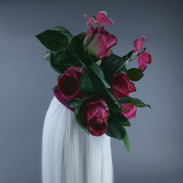 "Lyra" Pink Rose, Butterfly & Insect Flower Fascinator Hat