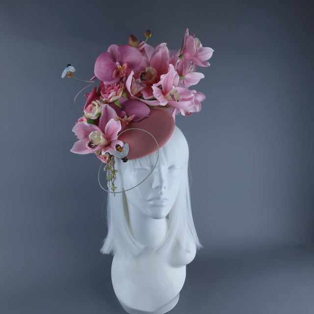 "Noa" Pink Flowers & Bees Fascinator Hat