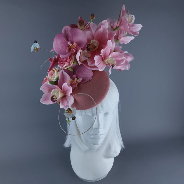 "Noa" Pink Flowers & Bees Fascinator Hat