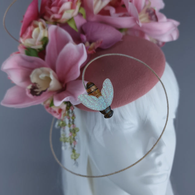 "Noa" Pink Flowers & Bees Fascinator Hat