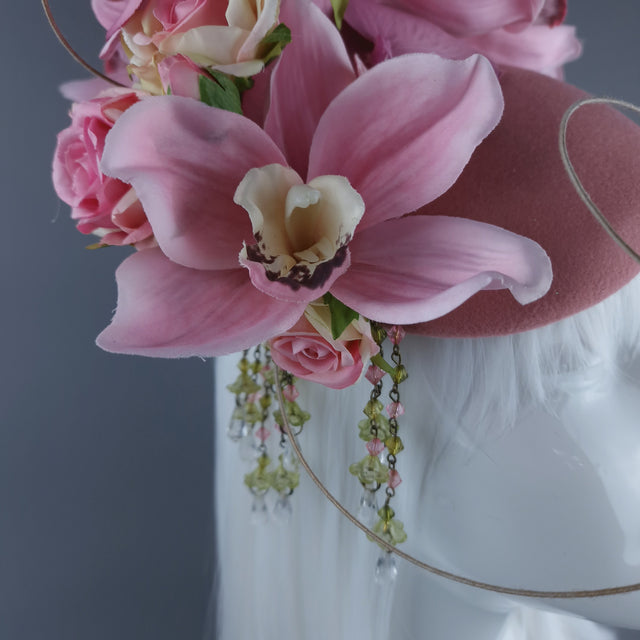 "Noa" Pink Flowers & Bees Fascinator Hat