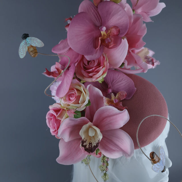 "Noa" Pink Flowers & Bees Fascinator Hat