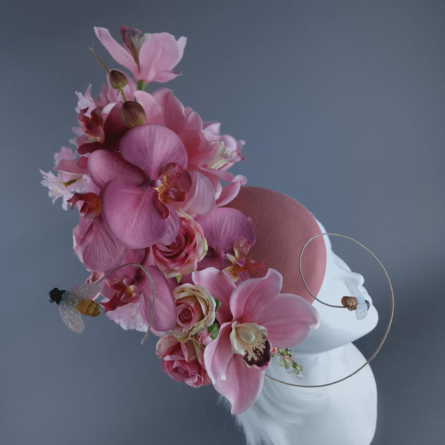 "Noa" Pink Flowers & Bees Fascinator Hat
