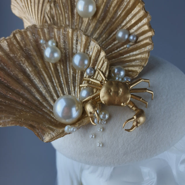 "Ceto" Gold & Pearl Shell & Crab Fascinator Hat