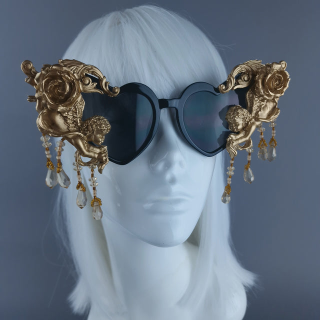 "Seraphina" Black & Gold Cherub, Filigree & Beading Heart Shaped Sunglasses