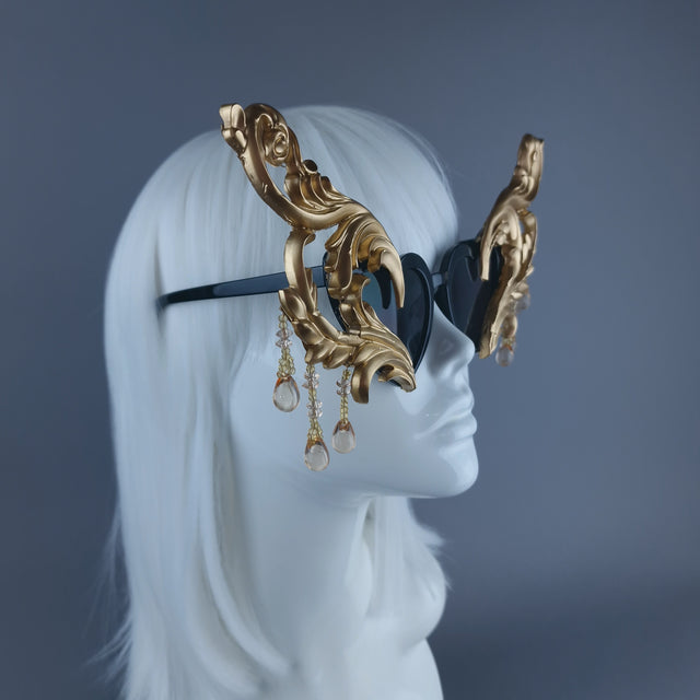 "Novela" OTT Statement Black Heart Gold Filigree & Beading Sunglasses
