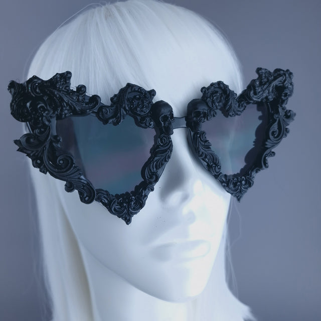 "Deadly" Black Filigree Skull Heart Shaped Sunglasses