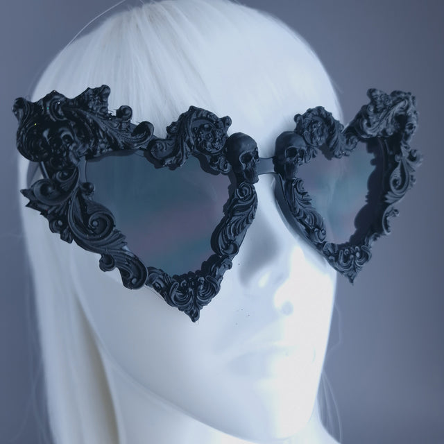 "Deadly" Black Filigree Skull Heart Shaped Sunglasses
