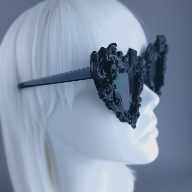 "Deadly" Black Filigree Skull Heart Shaped Sunglasses