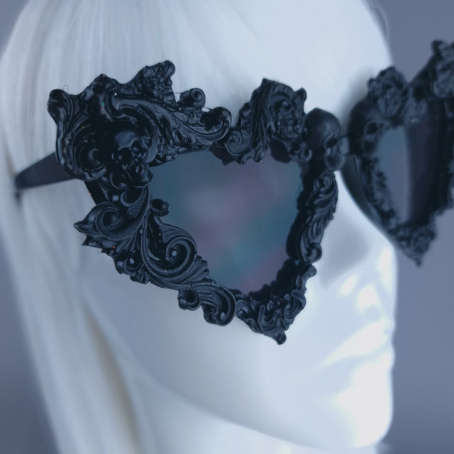 "Deadly" Black Filigree Skull Heart Shaped Sunglasses