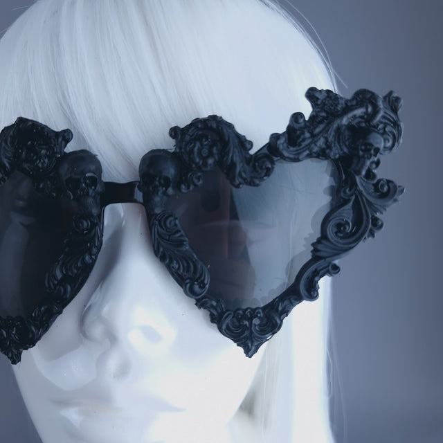 "Deadly" Black Filigree Skull Heart Shaped Sunglasses