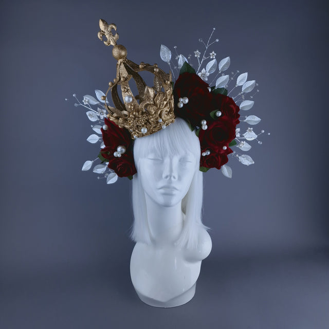 "Mater Dei" Red Rose, Pearls & Gold Crown Halo Headdress