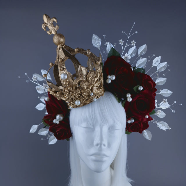 "Mater Dei" Red Rose, Pearls & Gold Crown Halo Headdress