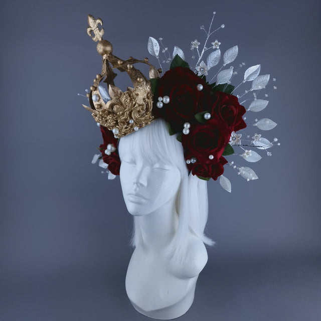 "Mater Dei" Red Rose, Pearls & Gold Crown Halo Headdress