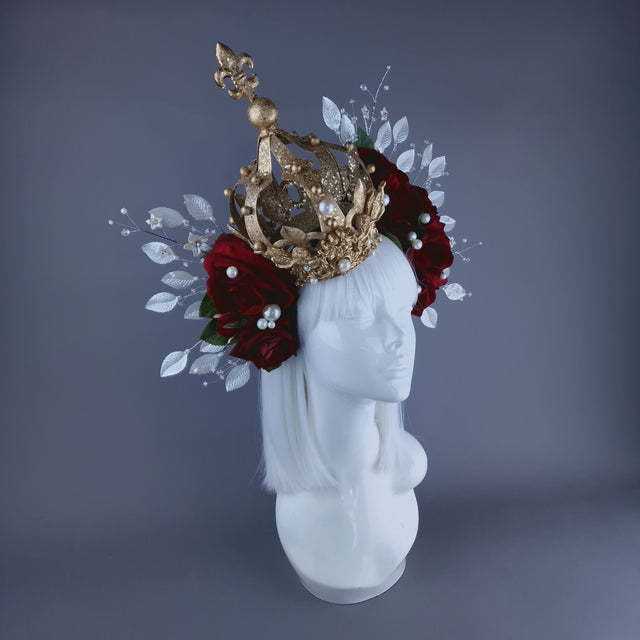 "Mater Dei" Red Rose, Pearls & Gold Crown Halo Headdress