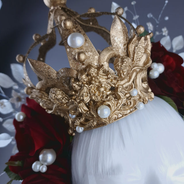 "Mater Dei" Red Rose, Pearls & Gold Crown Halo Headdress