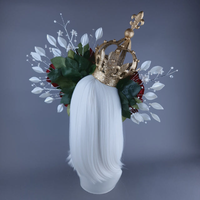 "Mater Dei" Red Rose, Pearls & Gold Crown Halo Headdress