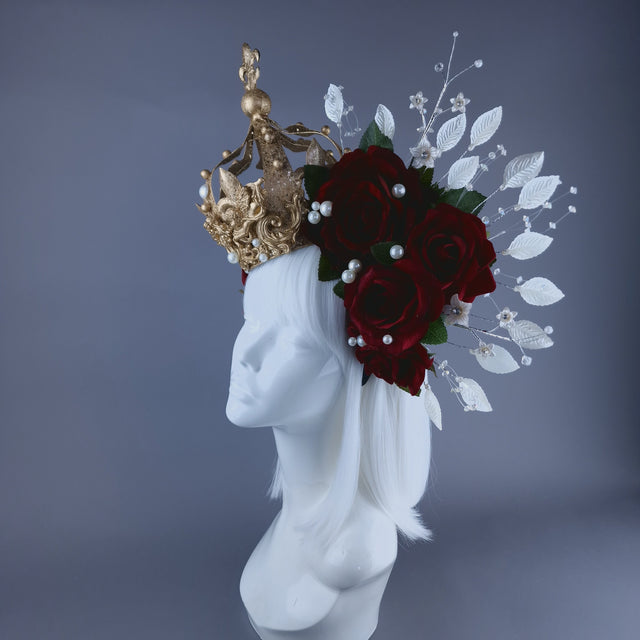 "Mater Dei" Red Rose, Pearls & Gold Crown Halo Headdress