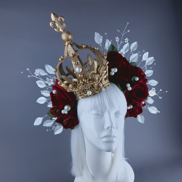 "Mater Dei" Red Rose, Pearls & Gold Crown Halo Headdress