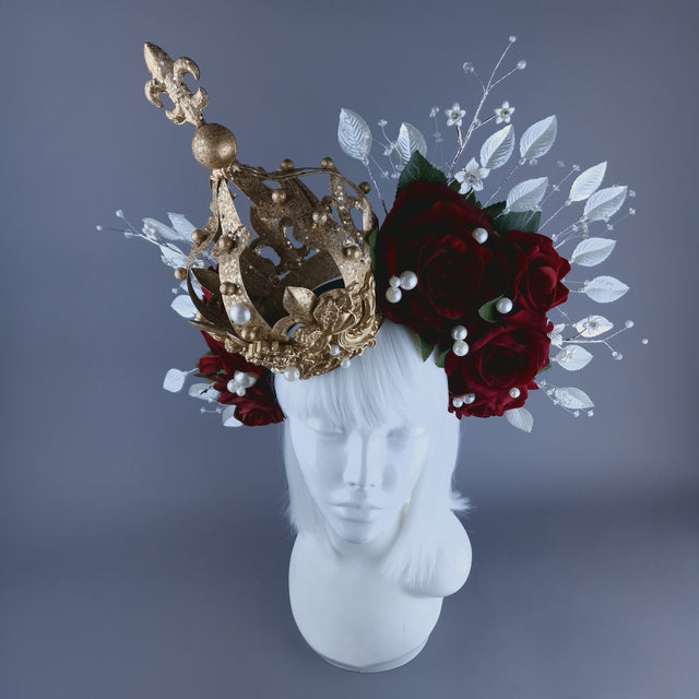 "Mater Dei" Red Rose, Pearls & Gold Crown Halo Headdress