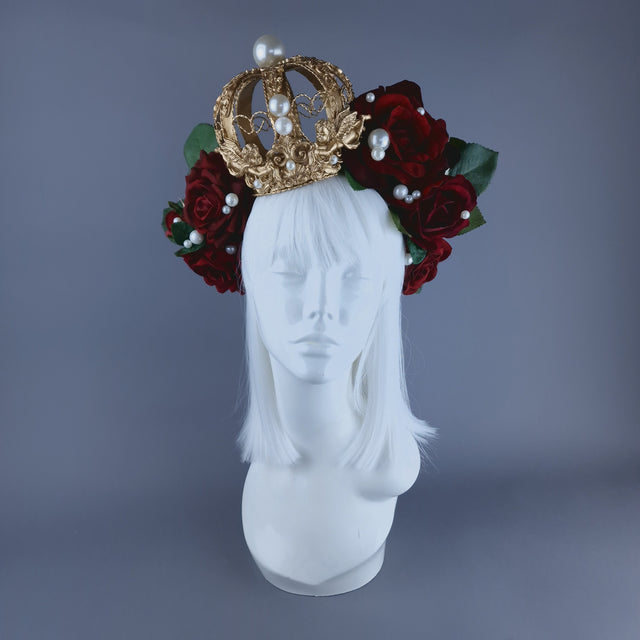 "Amantes Amentes" Red Rose, Pearls & Gold Crown Headdress