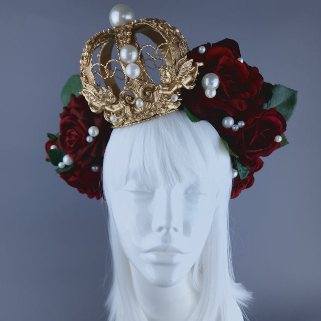 "Amantes Amentes" Red Rose, Pearls & Gold Crown Headdress