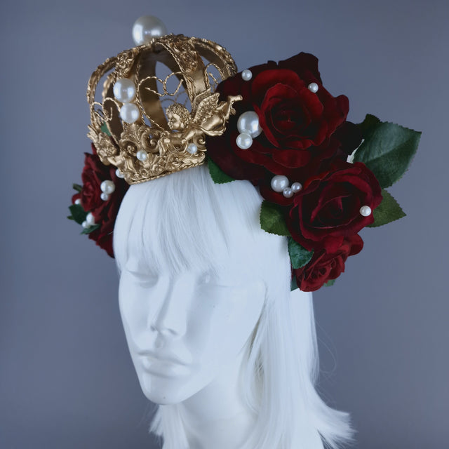 "Amantes Amentes" Red Rose, Pearls & Gold Crown Headdress