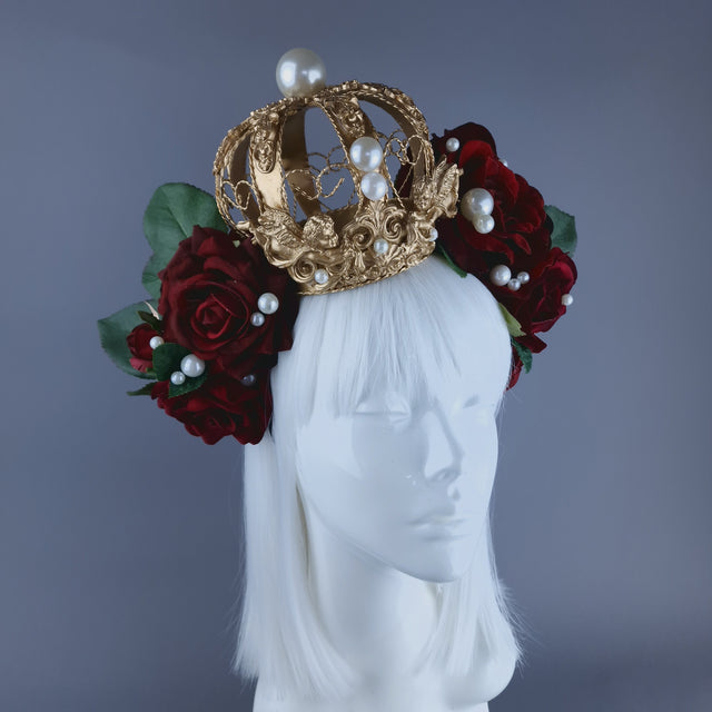 "Amantes Amentes" Red Rose, Pearls & Gold Crown Headdress