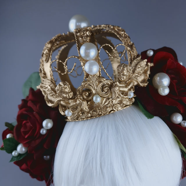 "Amantes Amentes" Red Rose, Pearls & Gold Crown Headdress