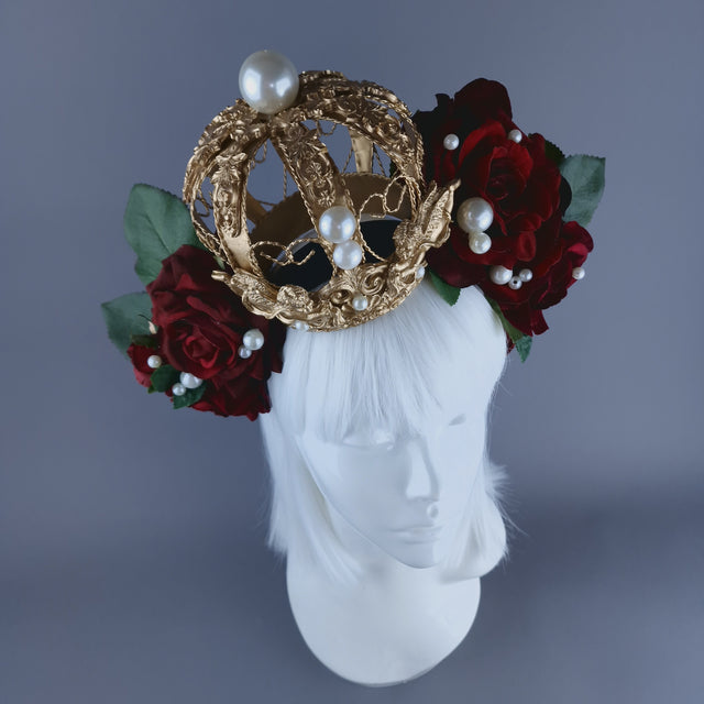 "Amantes Amentes" Red Rose, Pearls & Gold Crown Headdress