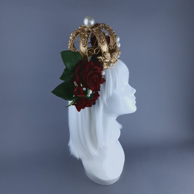 "Amantes Amentes" Red Rose, Pearls & Gold Crown Headdress