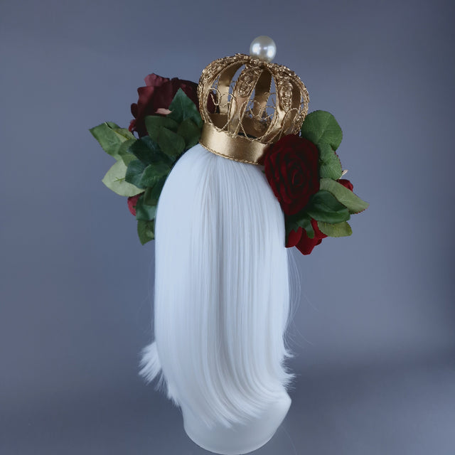 "Amantes Amentes" Red Rose, Pearls & Gold Crown Headdress