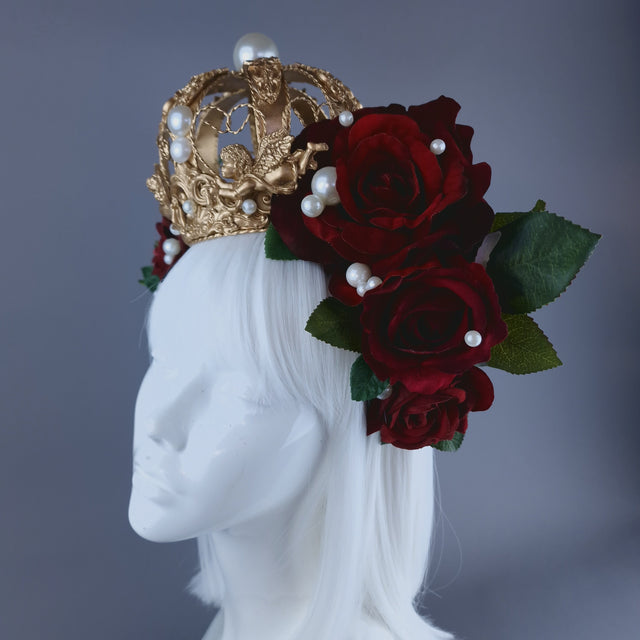 "Amantes Amentes" Red Rose, Pearls & Gold Crown Headdress