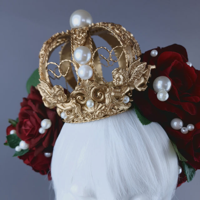 "Amantes Amentes" Red Rose, Pearls & Gold Crown Headdress