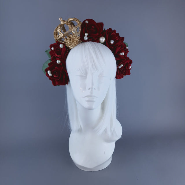 "Sanguis" Red Rose, Pearls & Gold Crown Headdress