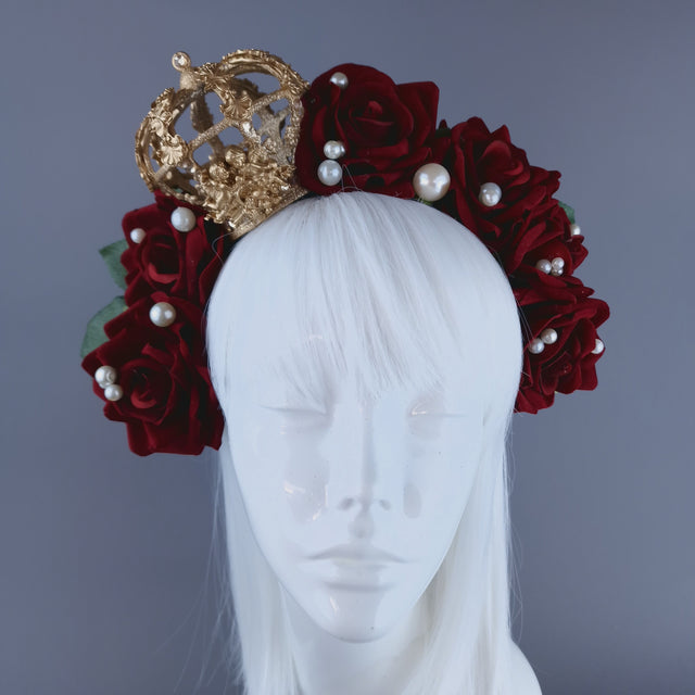 "Sanguis" Red Rose, Pearls & Gold Crown Headdress