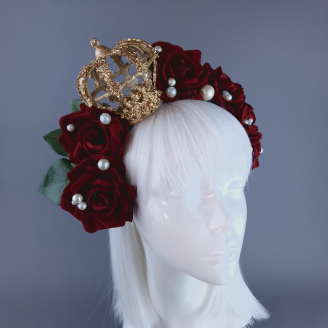 "Sanguis" Red Rose, Pearls & Gold Crown Headdress